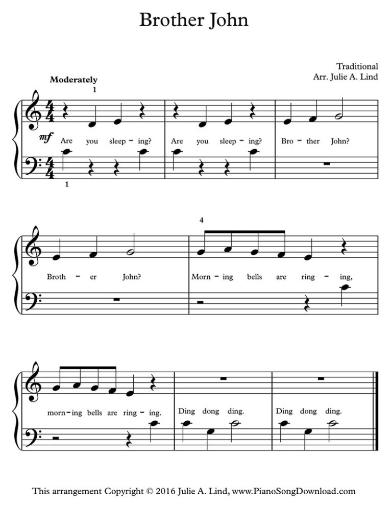 ฟรี โน้ตเปียโน เพลง Brother John เพลงเมาคลีล่าสัตว์